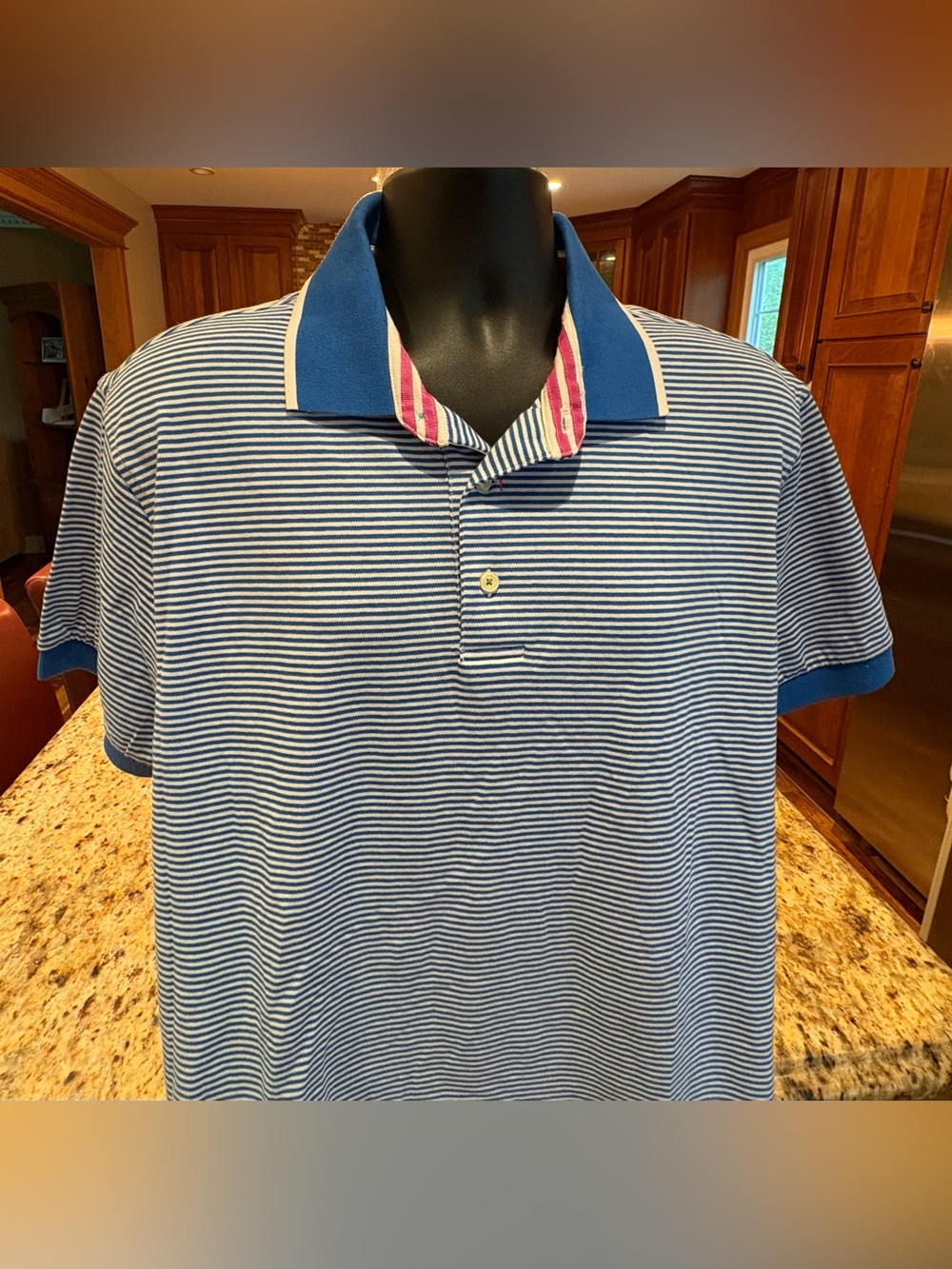 Robert Graham Blue & White Striped Polo with Pink Accent